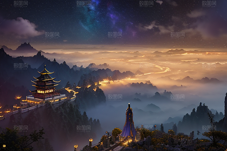金色中国宫殿梦幻月光云海