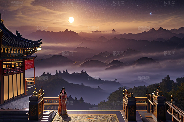 金色中国宫殿梦幻月光云海