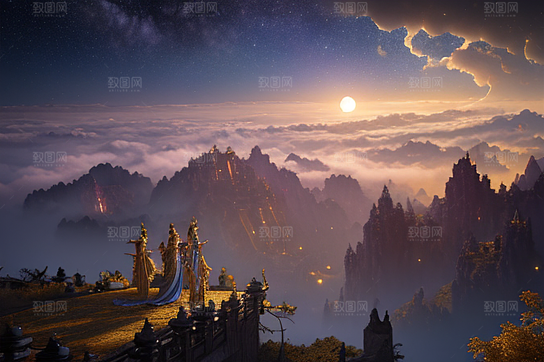金色中国宫殿梦幻月光云海