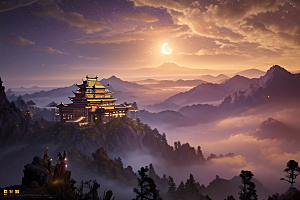 金色中国宫殿梦幻月光云海
