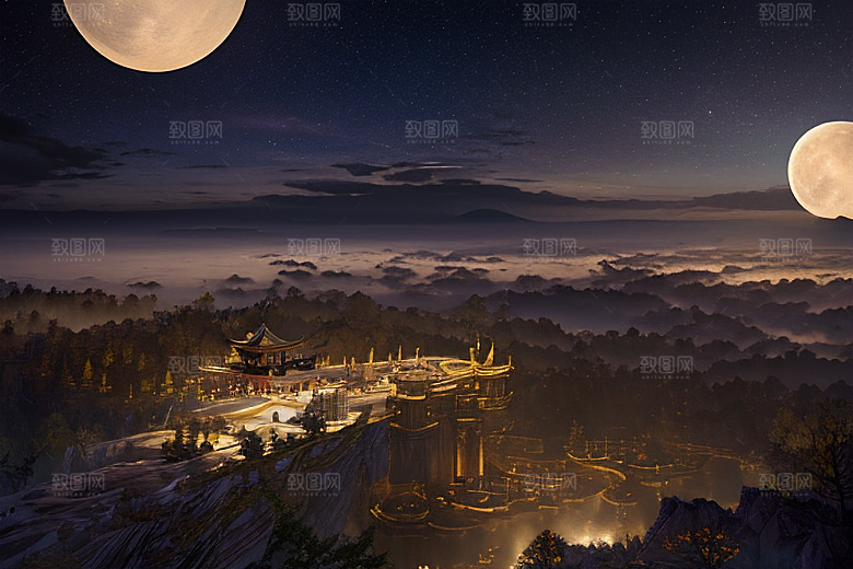 月夜幻境金殿之景