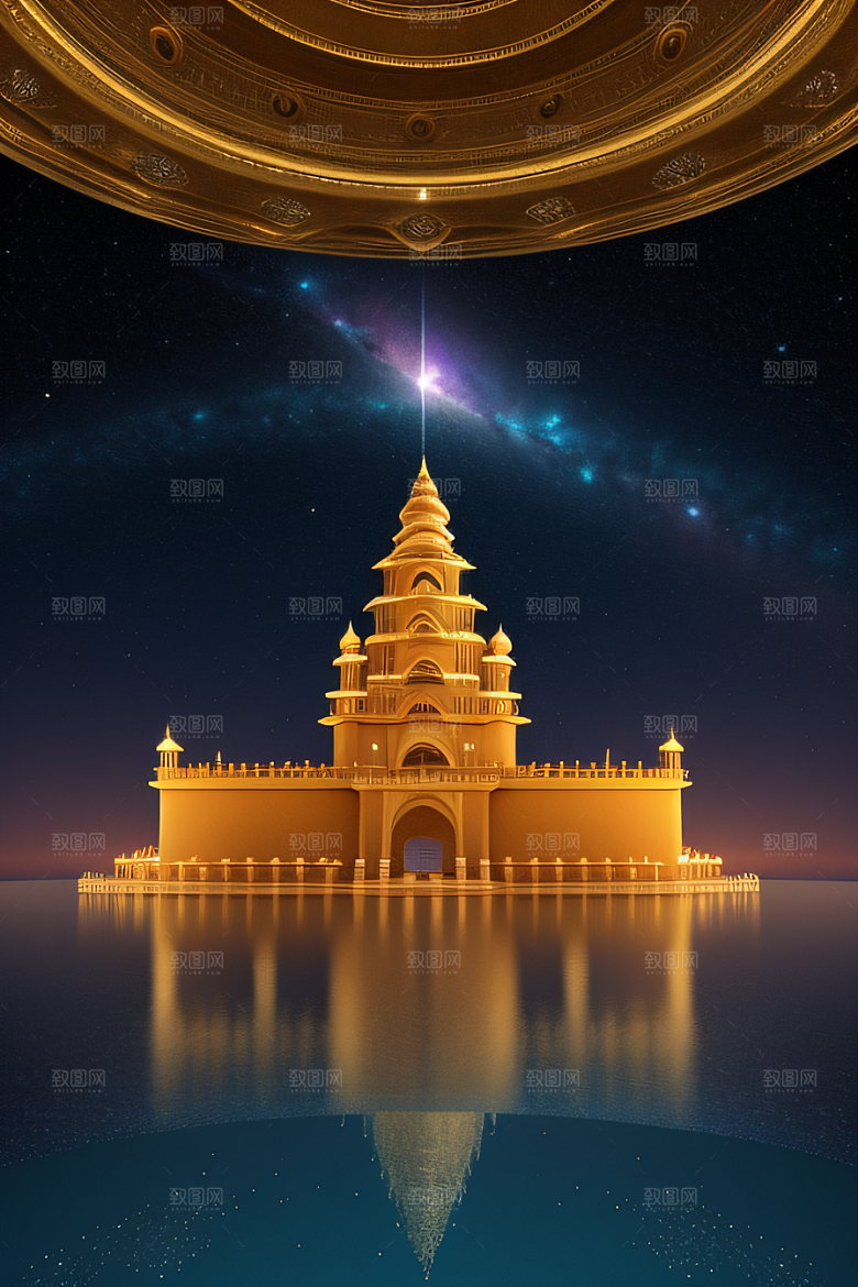 海洋上的巨大玫瑰宫殿金壁辉煌星空闪耀