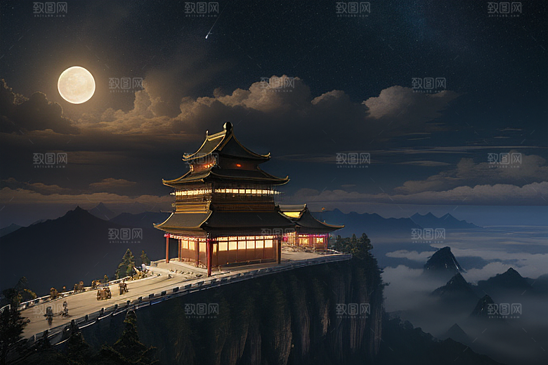 金色中国宫殿梦幻月光云海