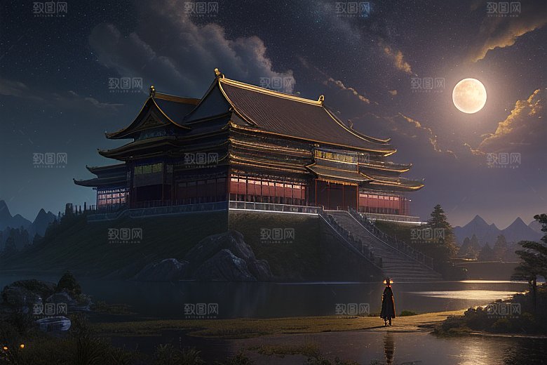 金色中国宫殿梦幻月光云海