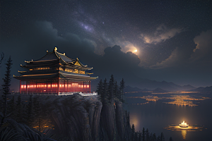金色中国宫殿梦幻月光云海