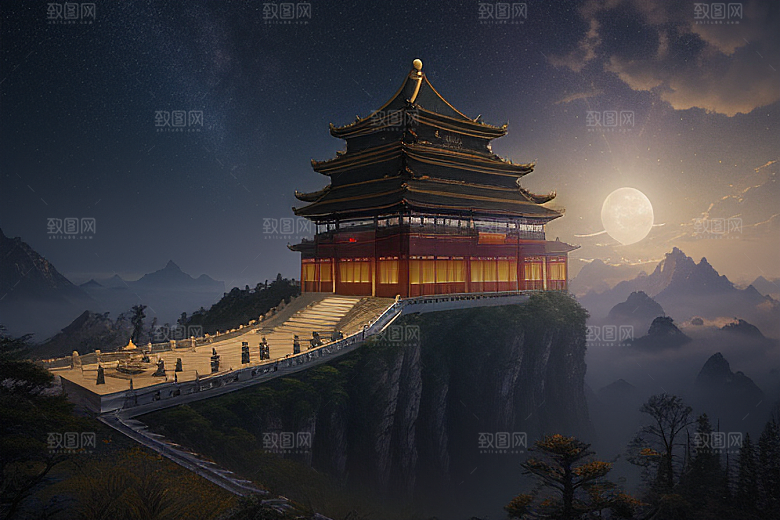 金色中国宫殿梦幻月光云海