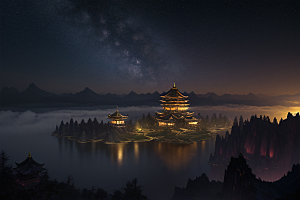 金色中国宫殿梦幻月光云海