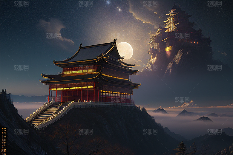 金色中国宫殿梦幻月光云海