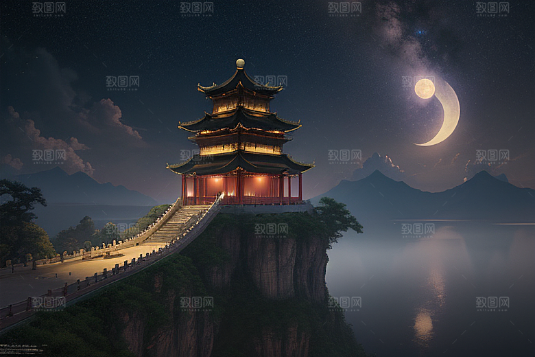 金色中国宫殿梦幻月光云海
