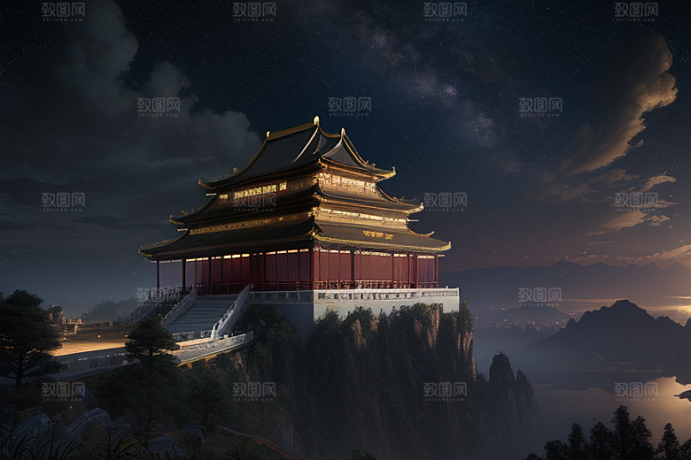 金色中国宫殿梦幻月光云海