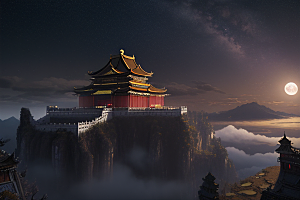 金色中国宫殿梦幻月光云海