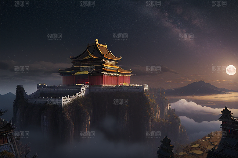 金色中国宫殿梦幻月光云海