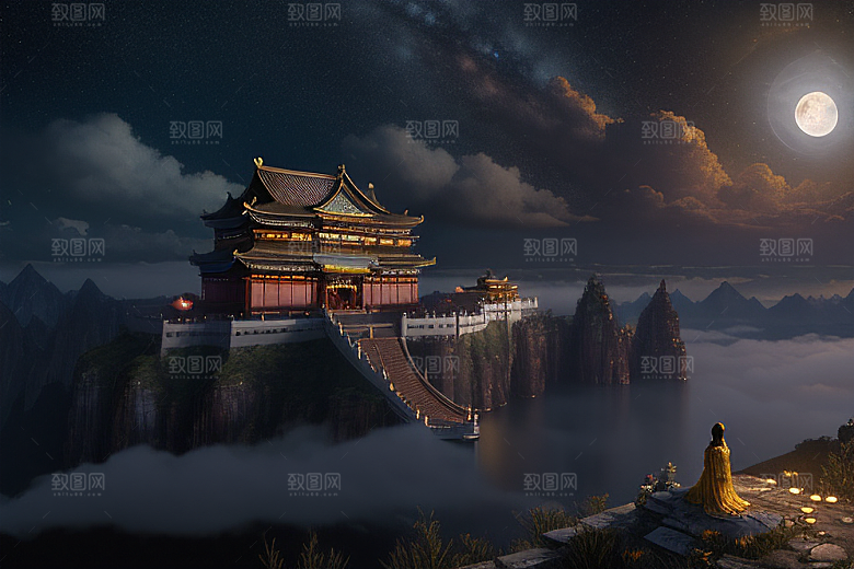 金色中国宫殿梦幻月光云海