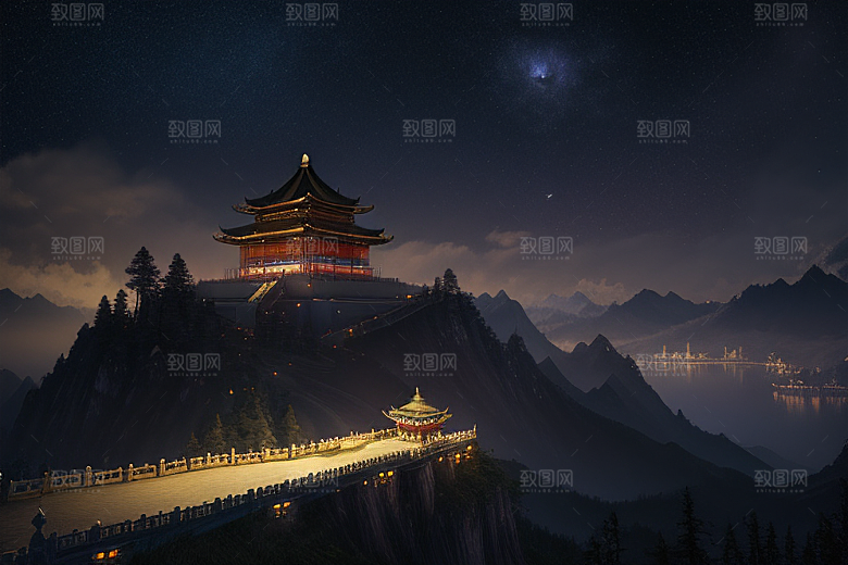 金色中国宫殿梦幻月光云海