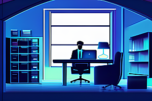 蓝色霓虹商务人士全新办公室的独特装饰