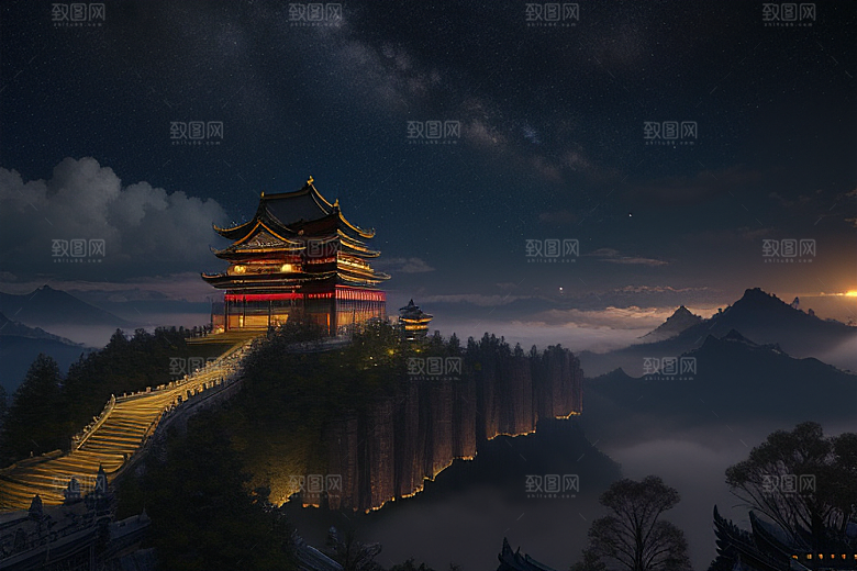 金色中国宫殿梦幻月光云海
