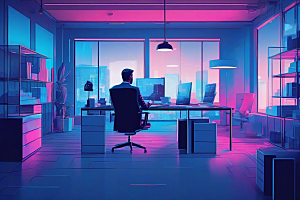 蓝色霓虹商务人士全新办公室的独特装饰