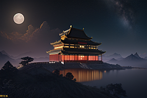金色中国宫殿梦幻月光云海