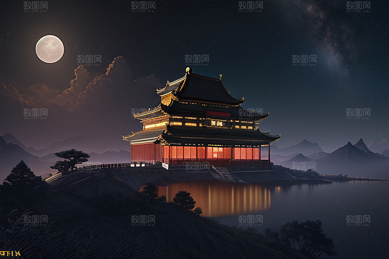 金色中国宫殿梦幻月光云海
