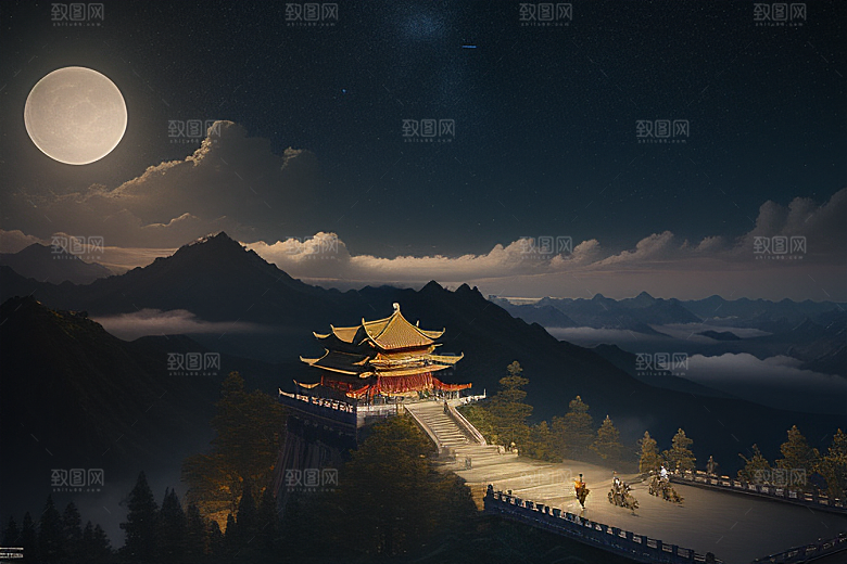 金色中国宫殿梦幻月光云海