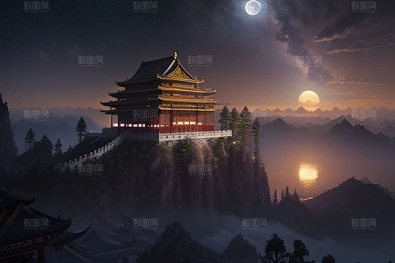 金色中国宫殿梦幻月光云海