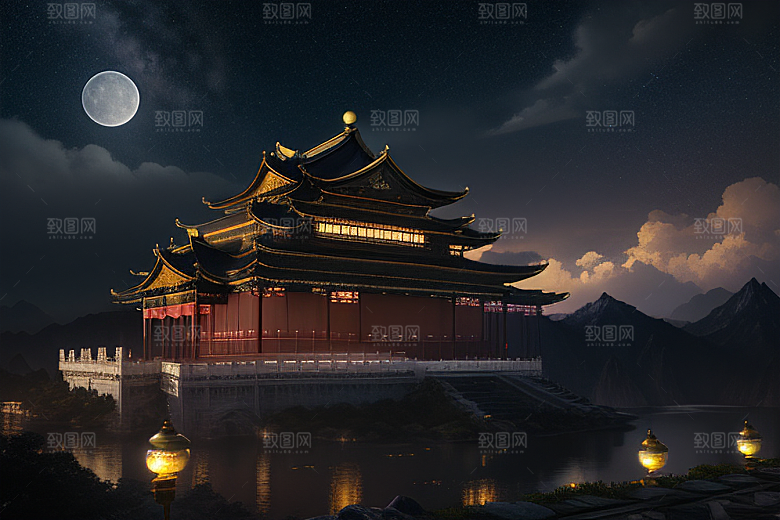金色中国宫殿梦幻月光云海