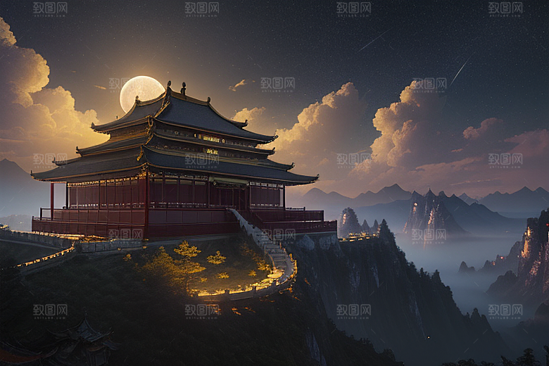 金色中国宫殿梦幻月光云海