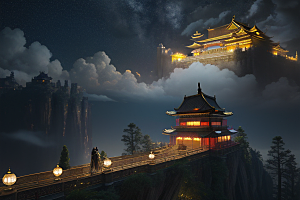 金色中国宫殿梦幻月光云海