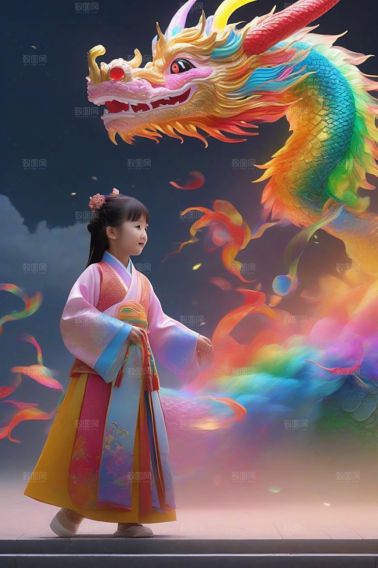 绚丽彩虹龙小女孩的梦幻伙伴