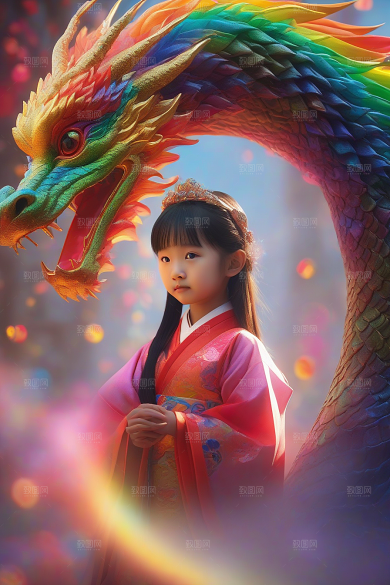 绚丽彩虹龙小女孩的梦幻伙伴