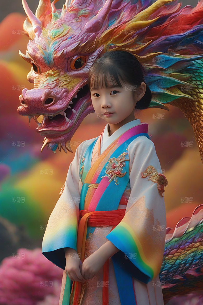 绚丽彩虹龙小女孩的梦幻伙伴