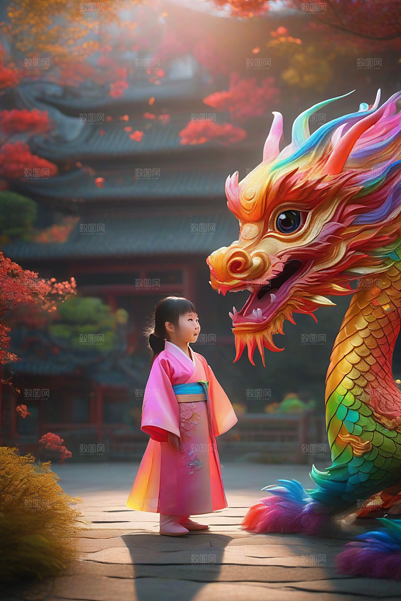 绚丽彩虹龙小女孩的梦幻伙伴