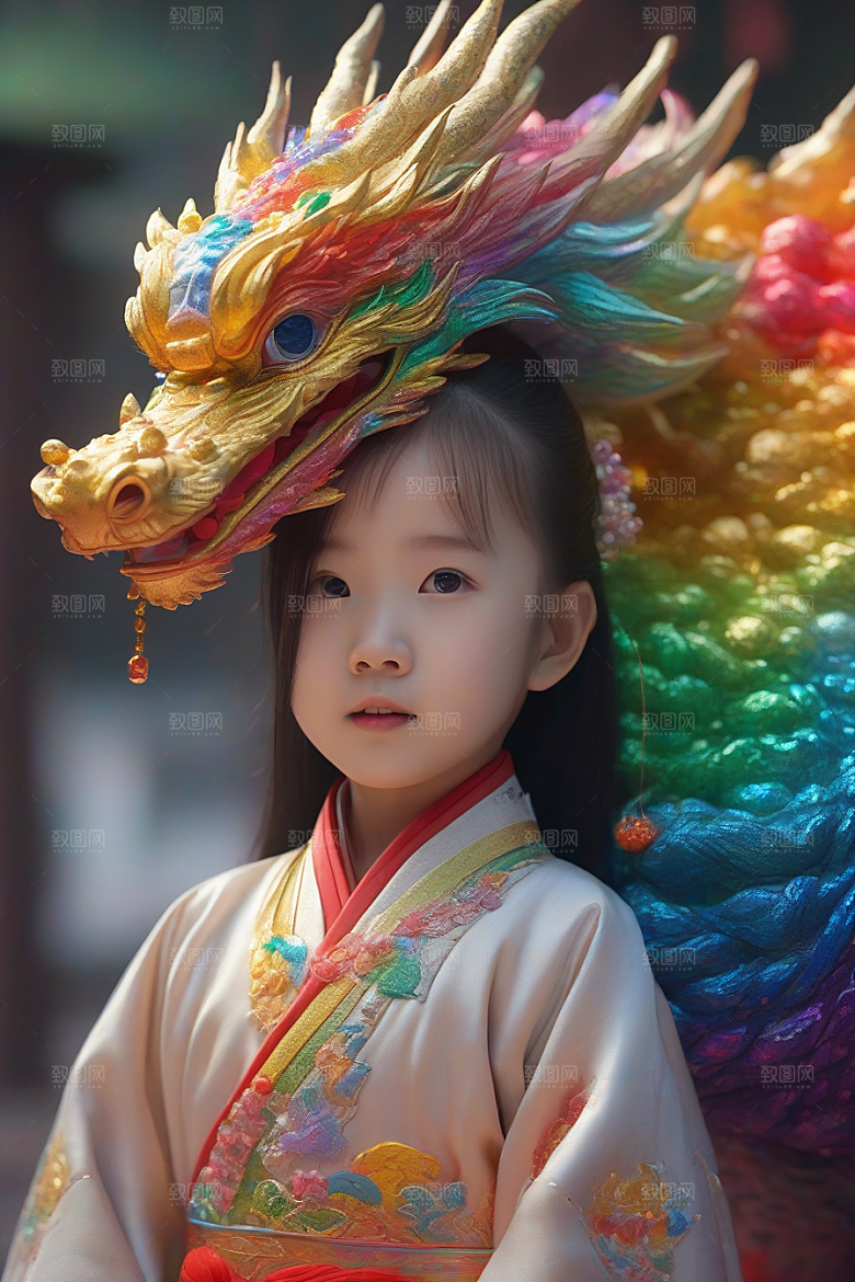 绚丽彩虹龙小女孩的梦幻伙伴