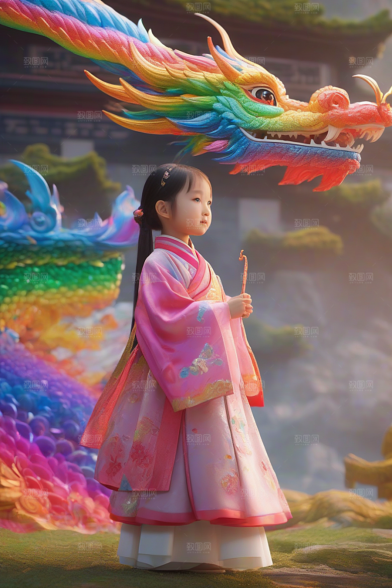 绚丽彩虹龙小女孩的梦幻伙伴