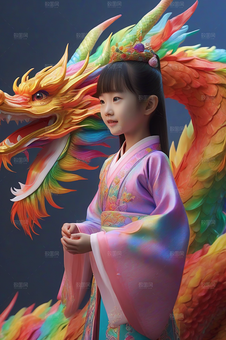 绚丽彩虹龙小女孩的梦幻伙伴