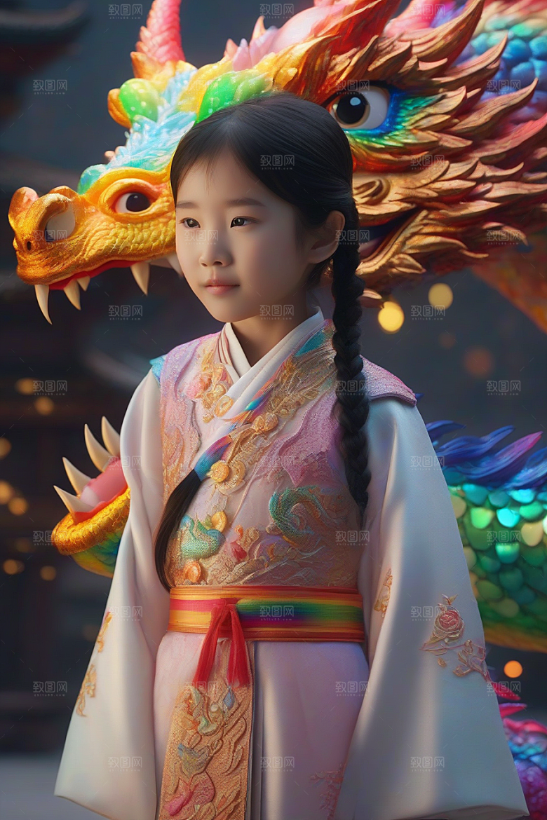 绚丽彩虹龙小女孩的梦幻伙伴