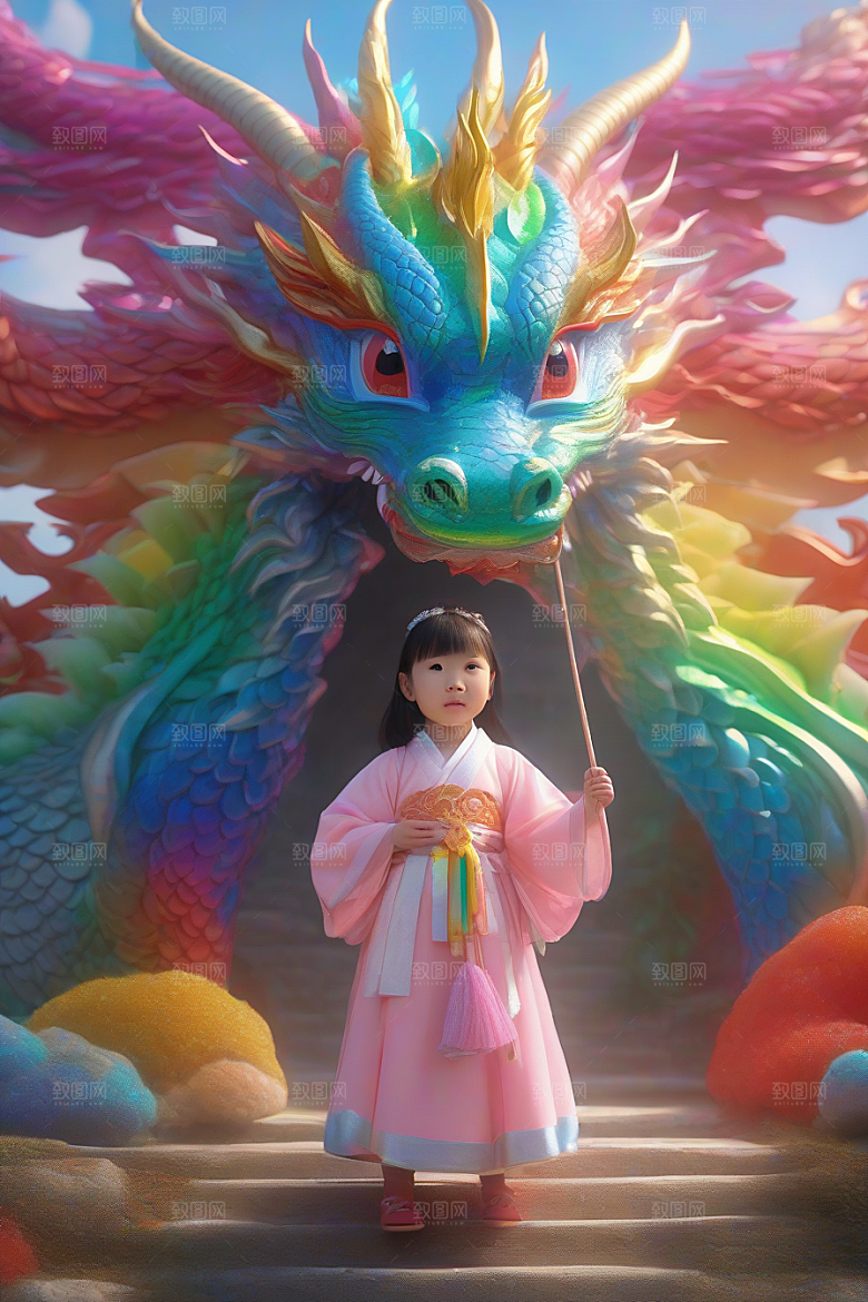 绚丽彩虹龙小女孩的梦幻伙伴