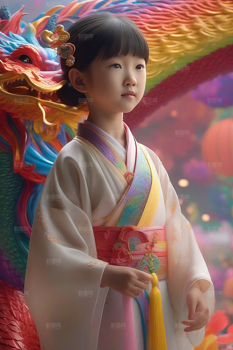 绚丽彩虹龙小女孩的梦幻伙伴