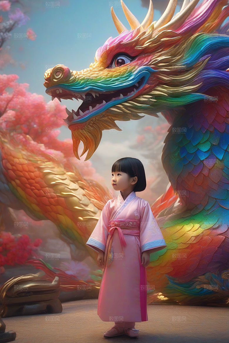 绚丽彩虹龙小女孩的梦幻伙伴