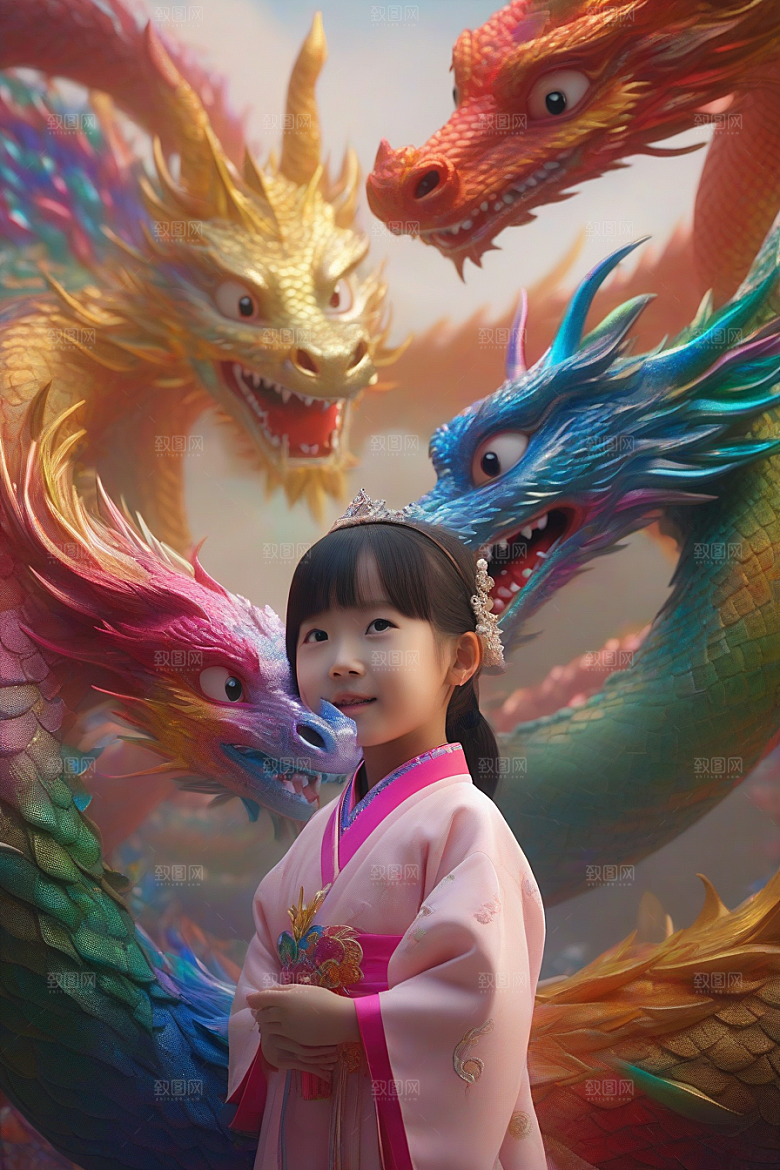 绚丽彩虹龙小女孩的梦幻伙伴