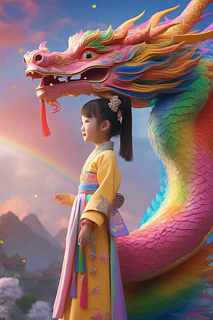 童话中的绚丽彩虹龙与中国小女孩的奇遇