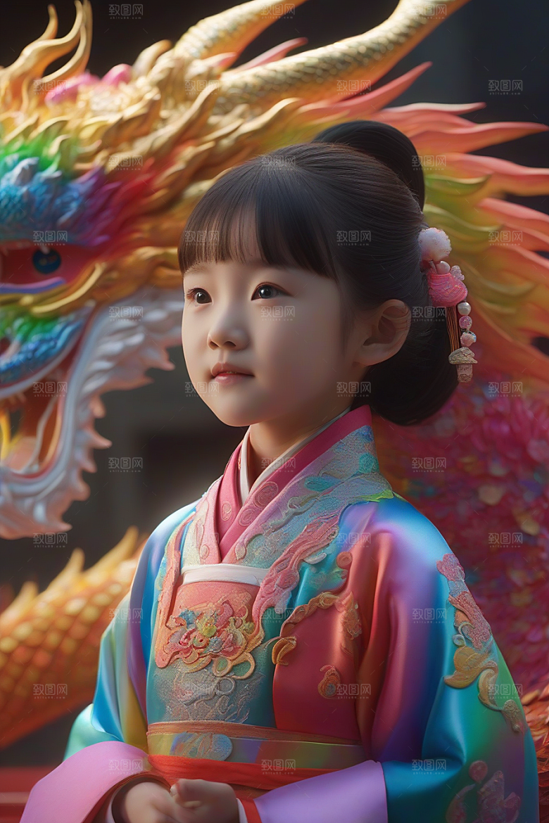 绚丽彩虹龙小女孩的梦幻伙伴