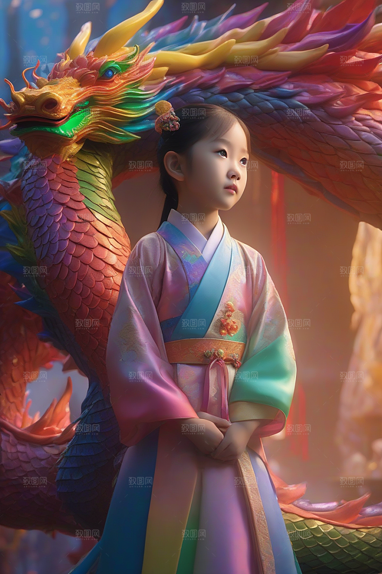 绚丽彩虹龙小女孩的梦幻伙伴