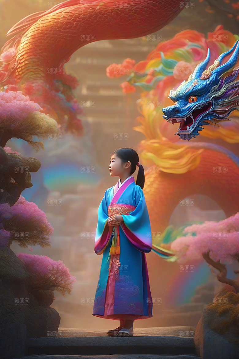童话中的绚丽彩虹龙与中国小女孩的奇遇