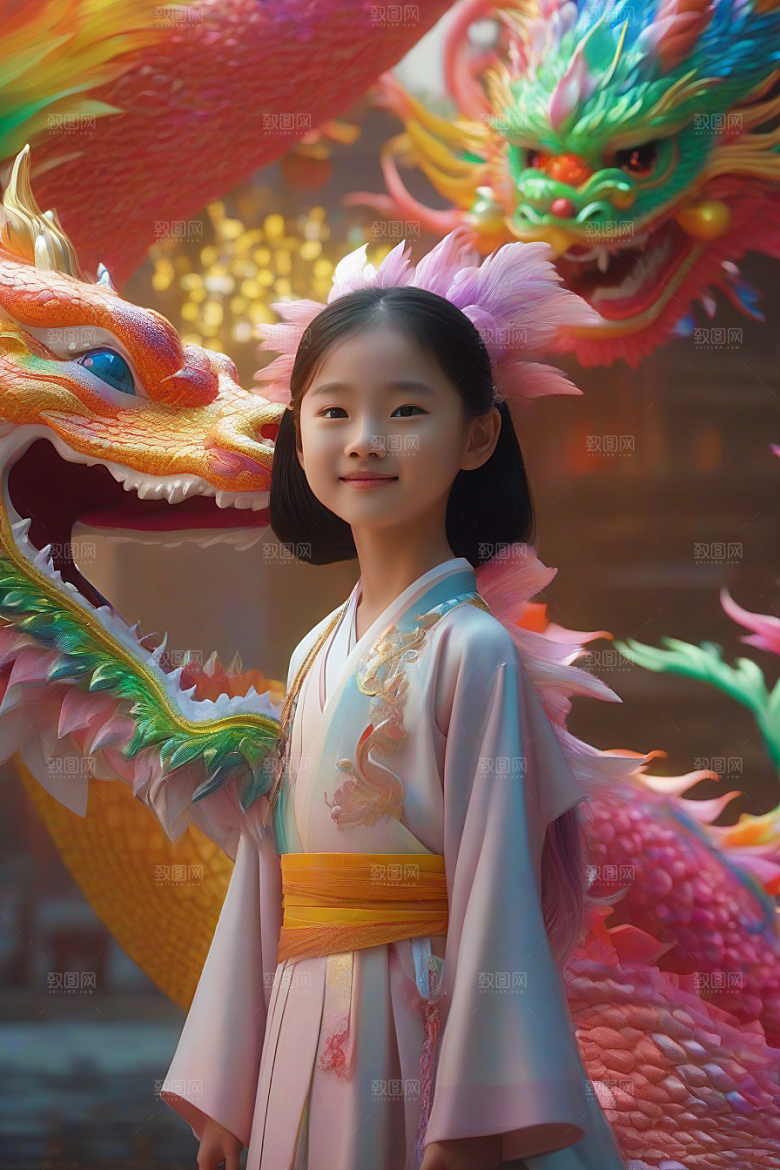 童话中的绚丽彩虹龙与中国小女孩的奇遇