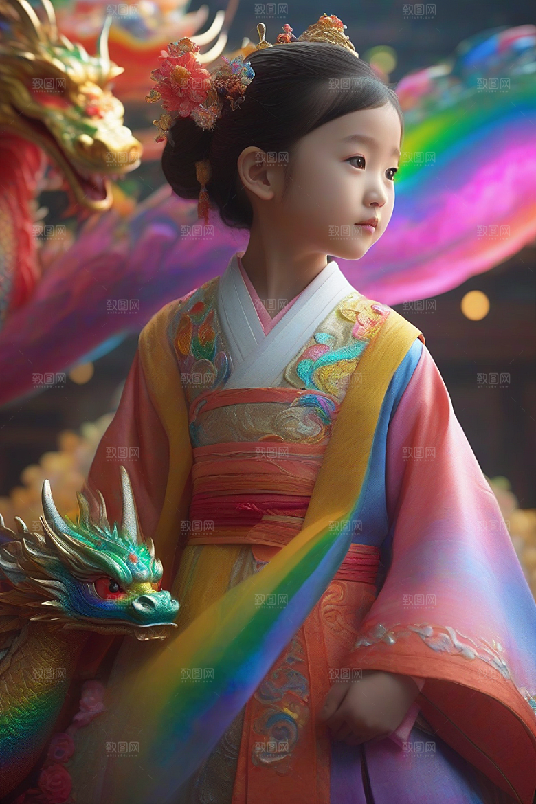 童话中的绚丽彩虹龙与中国小女孩的奇遇