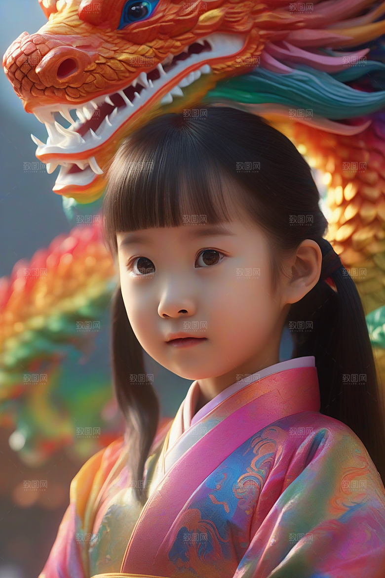 童话中的绚丽彩虹龙与中国小女孩的奇遇