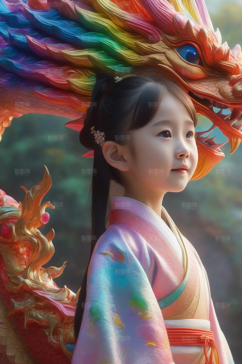 童话中的绚丽彩虹龙与中国小女孩的奇遇