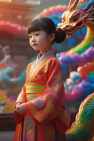 童话中的绚丽彩虹龙与中国小女孩的奇遇