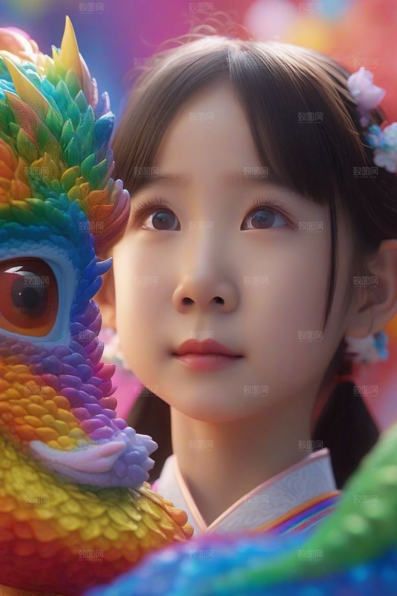 童话中的绚丽彩虹龙与中国小女孩的奇遇
